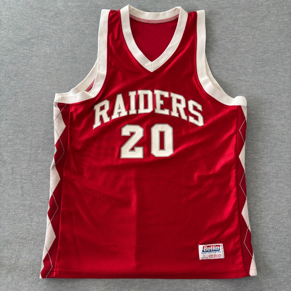 Vintage Betlin Raiders 20 Basketball Jersey Red Argyle Side Panels Mens Large